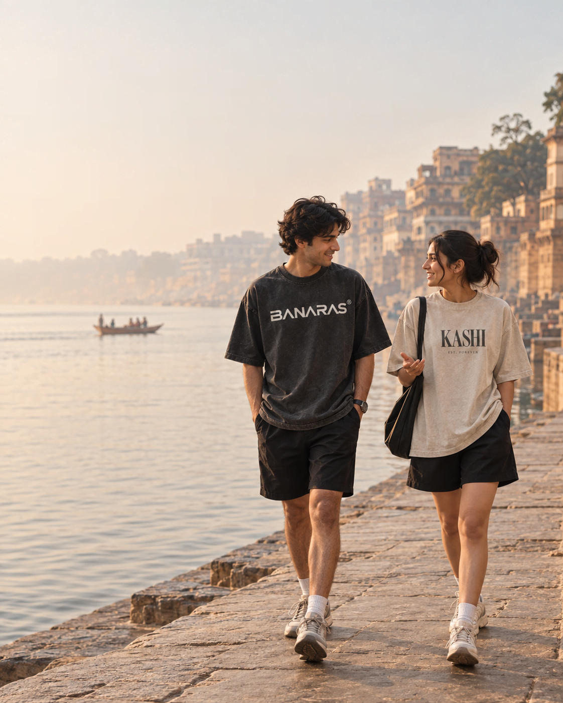 Heavyweight 240 GSM navy tee worn on a Varanasi street